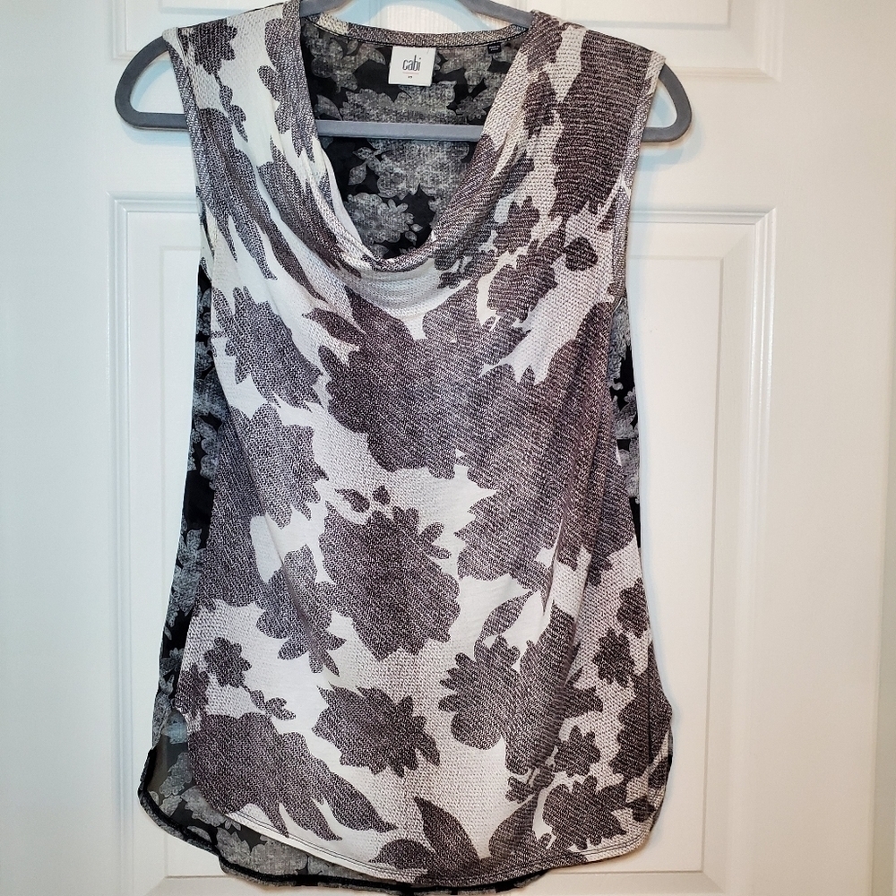 Cabi 3057 Black White Floral Tango Tank Cowl Neck Sleeveless Top Blouse XS